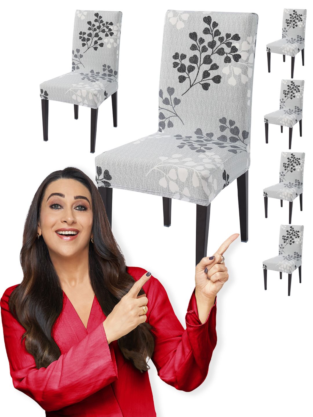 HOKIPO Grey & White 6 Pieces Printed Stretchable Chair Covers