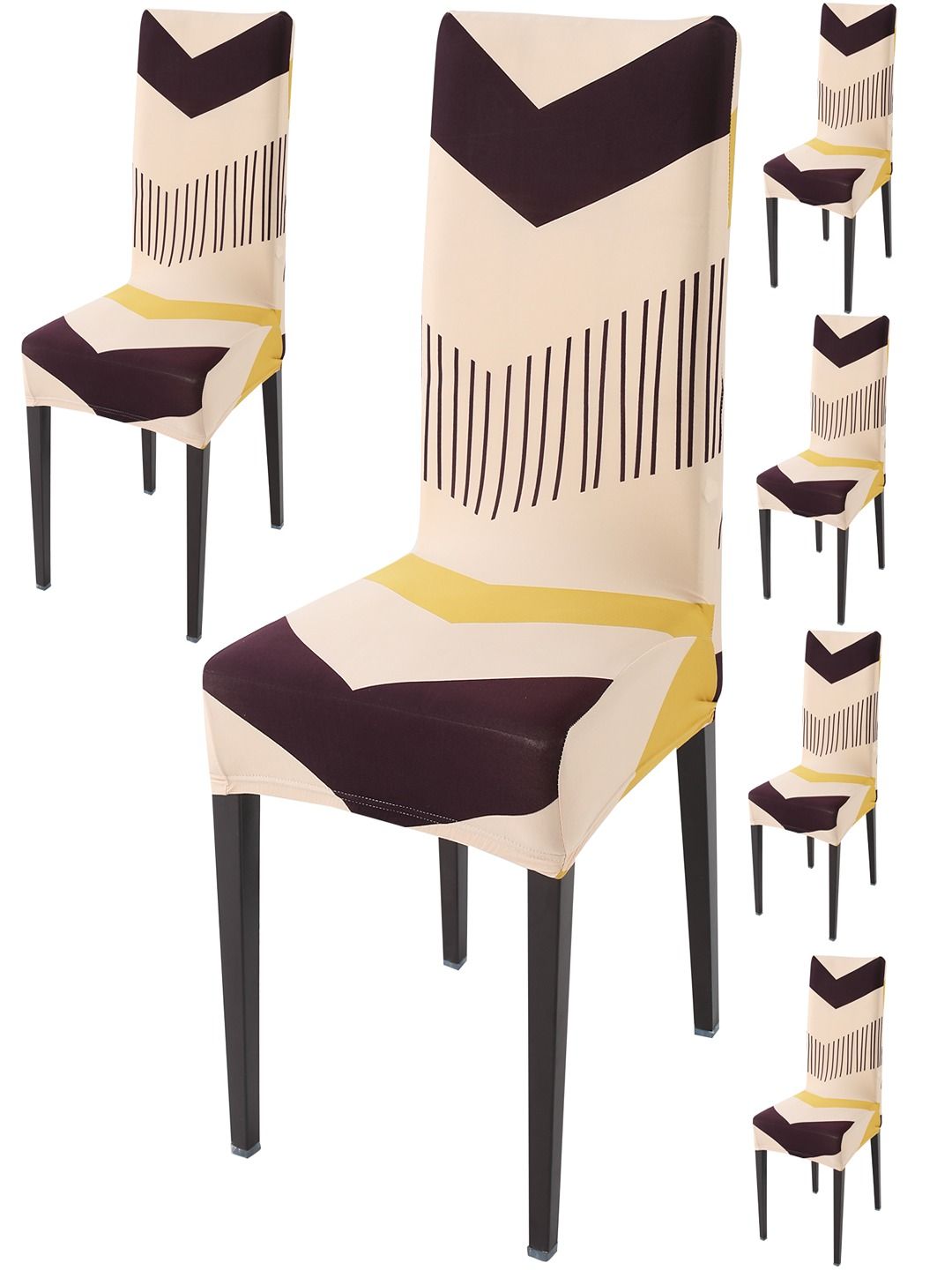HOKIPO 6 Pcs Beige & Brown Printed Stretchable Chair Covers