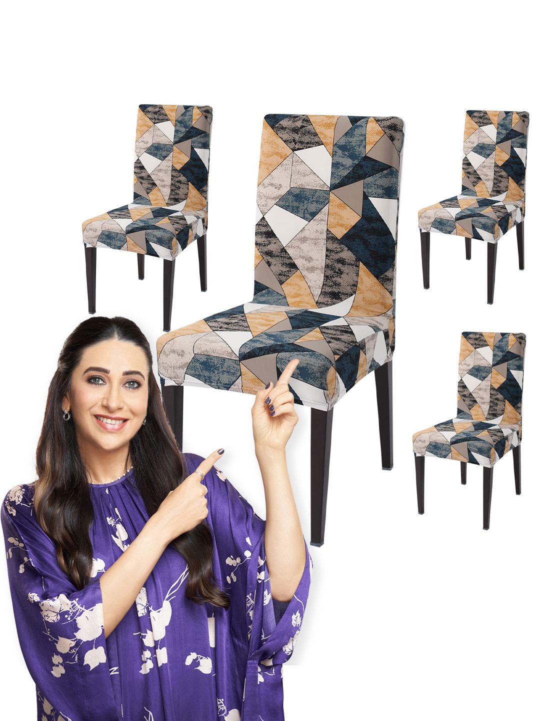 HOKIPO 4 Pcs Blue & Grey Printed Stretchable Chair Covers