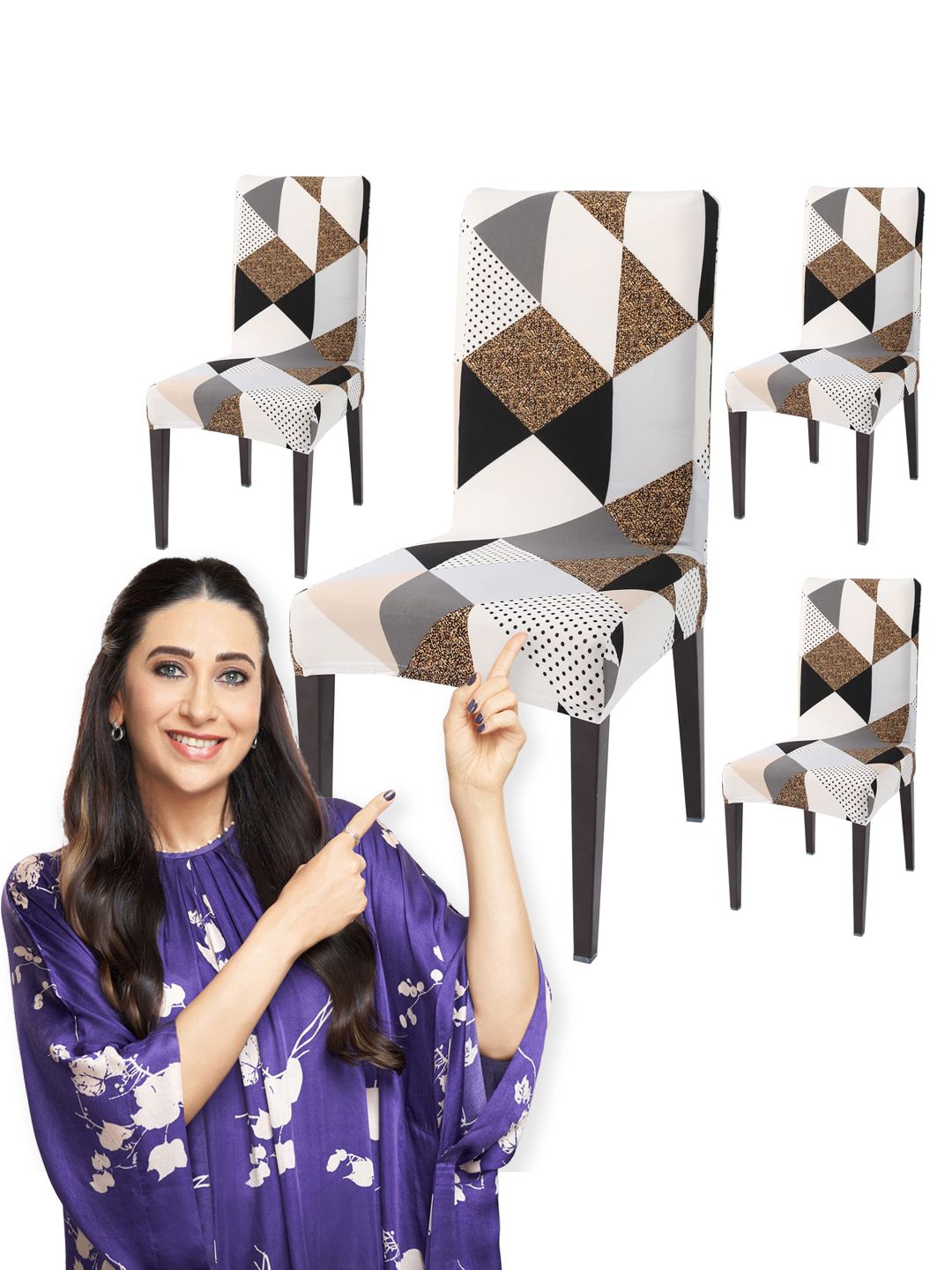 HOKIPO 4 Pcs Grey & Brown Printed Stretchable Chair Covers
