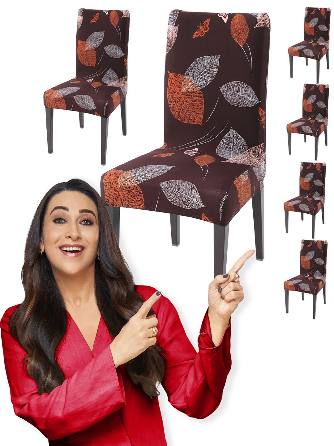 HOKIPO 6 Pcs Brown & Red Floral Printed Stretchable Chair Covers