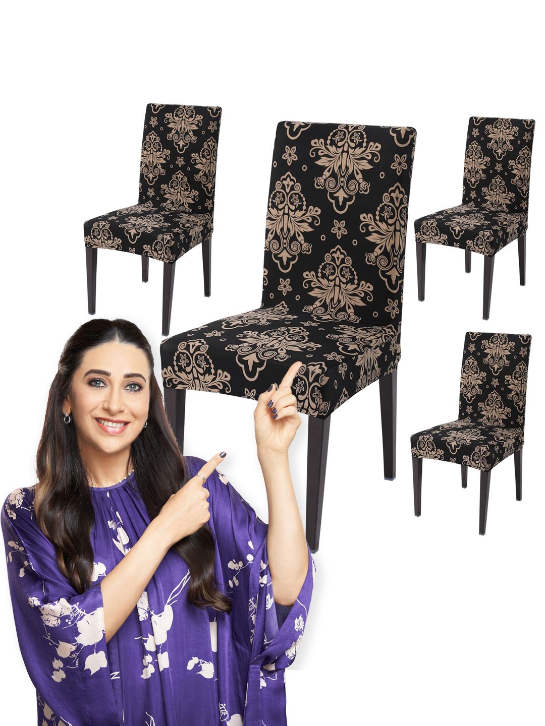 HOKIPO Black & Beige 4-Piece Floral Printed Stretchable Chair Covers