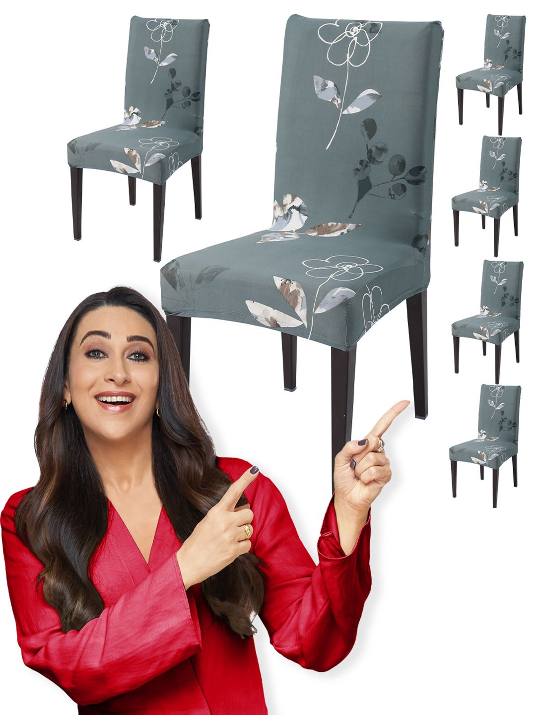 HOKIPO Grey & White 6-Piece Floral Printed Stretchable Chair Covers