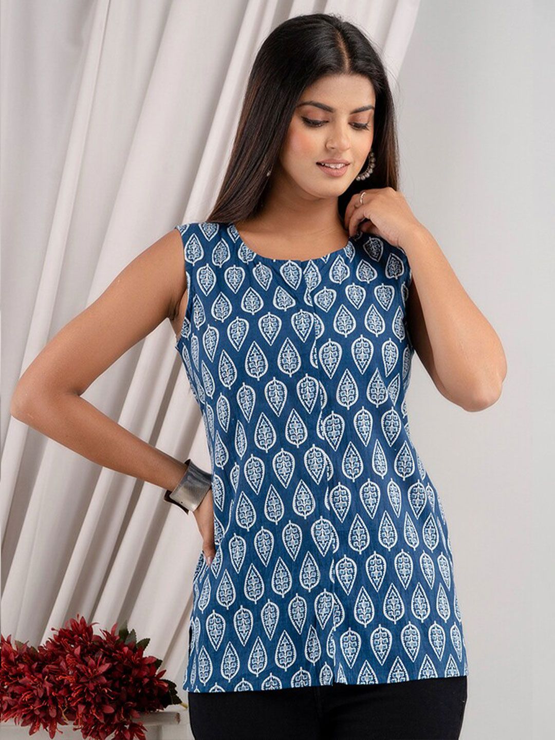 VASANT APPAREL Blue Geometric Print Cotton Top Price in India