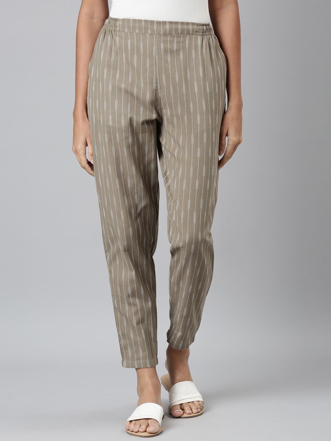 Go Colors Women Striped Straight Fit Mid-Rise Linen Trousers Price in India