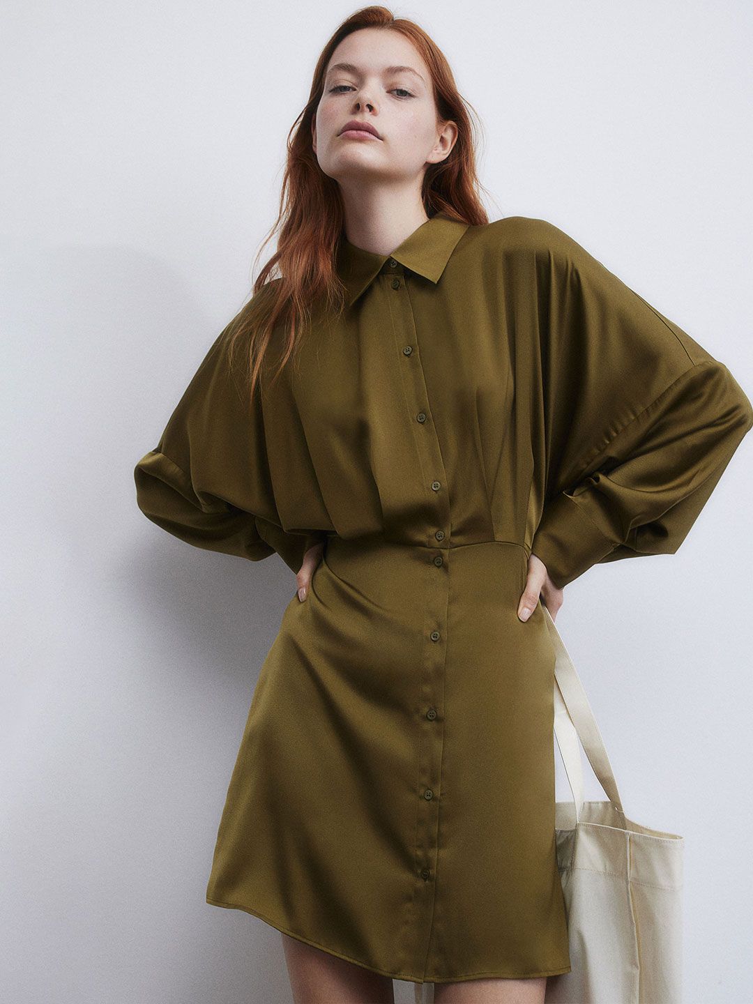 h&m satin shirt dress H&M Satin Shirt Dress Belted Green