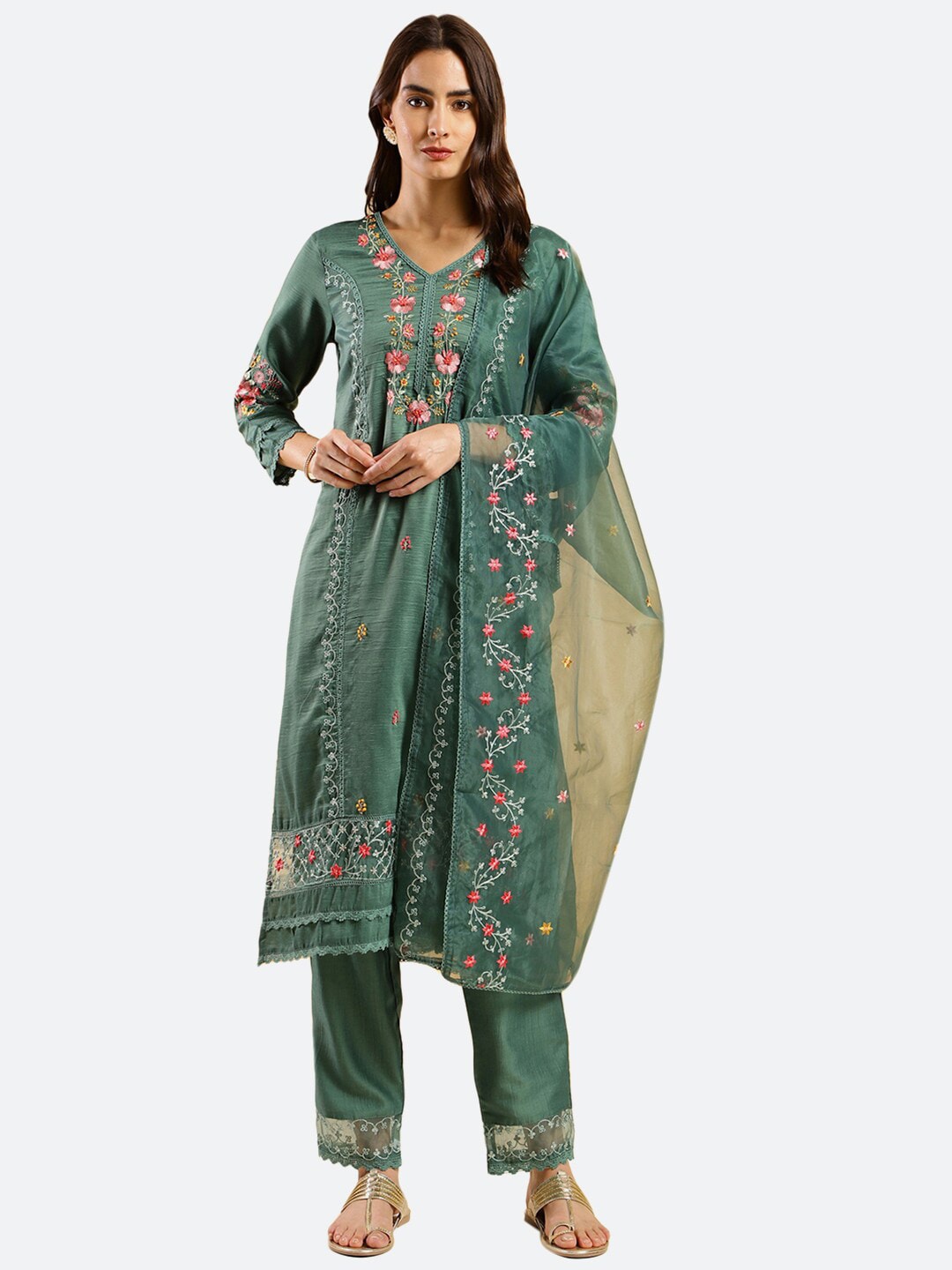 KALINI Women Green Floral Embroidered Regular Thread Work Kurta with Trousers & With Dupatta Price in India