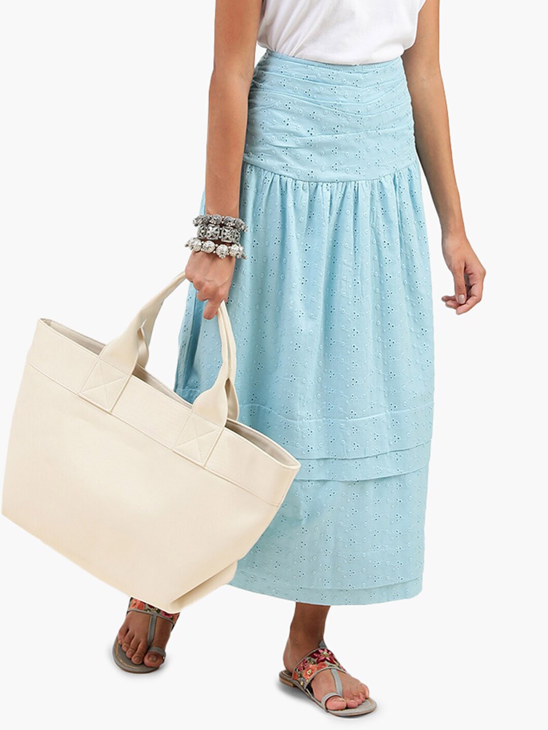 Virgio Schiffli Pure Cotton Layered Midi Skirt Price in India