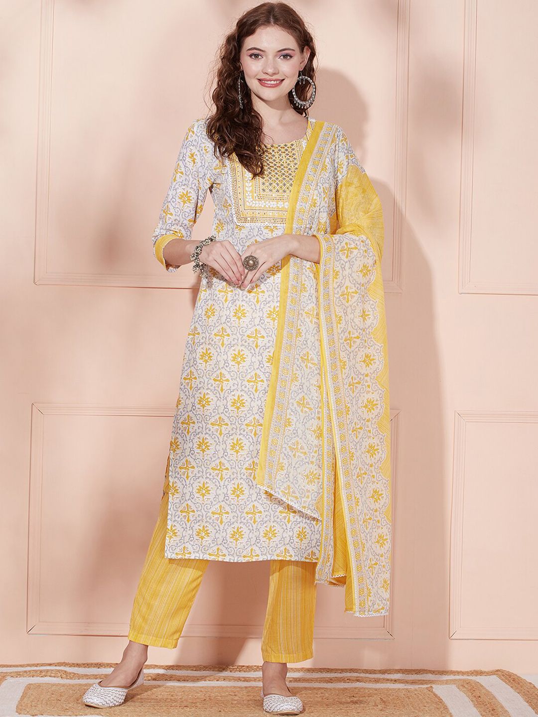 FASHOR Yellow Floral Printed Mirror Work Pure Cotton Kurta & Trousers With Dupatta Price in India