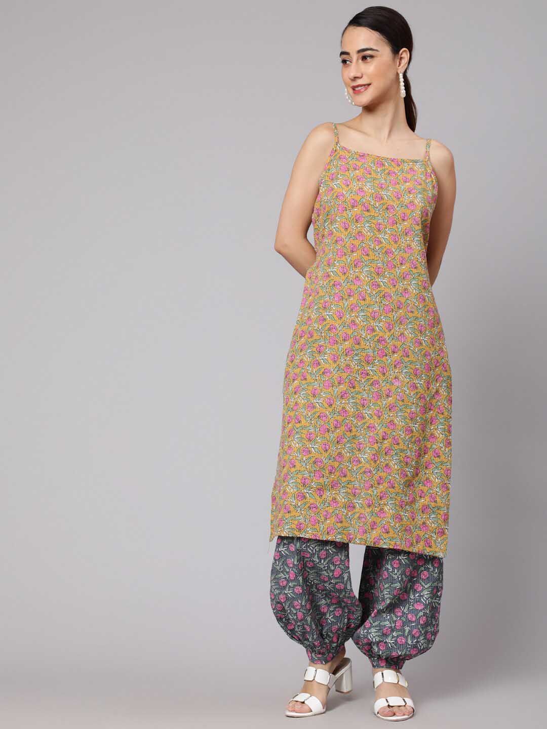 AKS Floral Printed Shoulder Straps Pure Cotton Kurta with Harem Pants Price in India