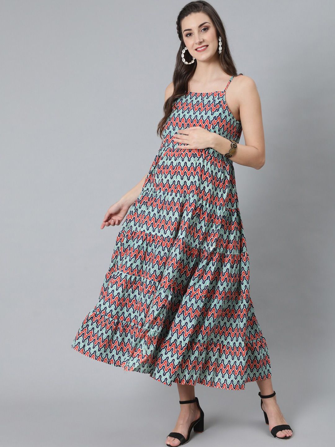 AKS Shoulder Strap Ethnic Motifs Printed Maternity Fit And Flare Cotton Maxi Dress Price in India