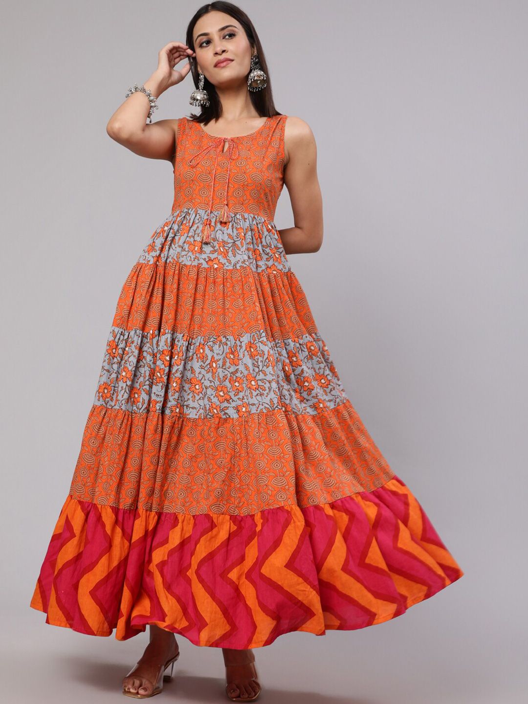 AKS Round Neck Floral Printed Tiered Tie-Ups Fit And Flare Cotton Maxi Dress Price in India