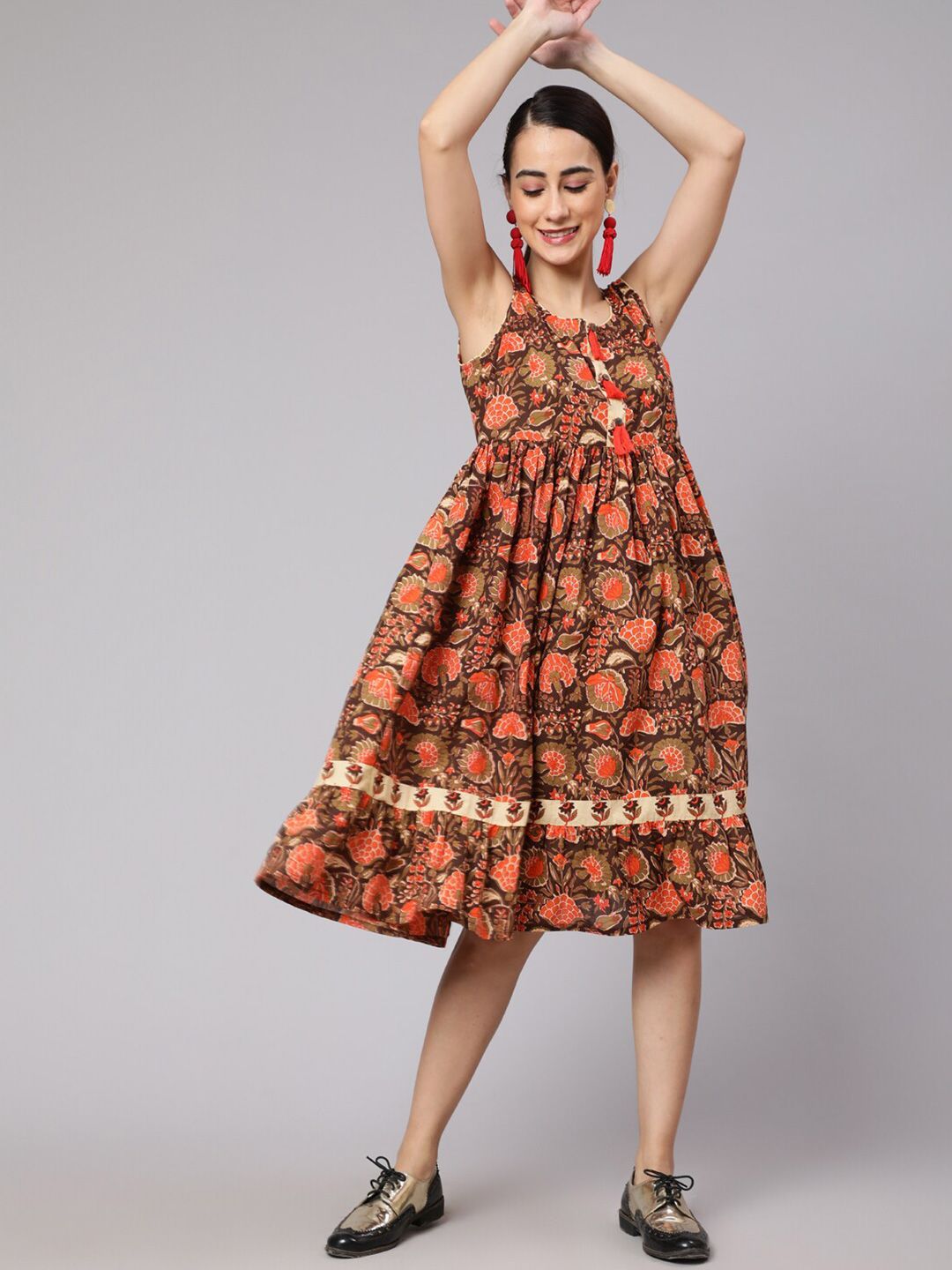 AKS Round Neck Floral Printed Floune Hemline Fit And Flare Cotton Midi Dress Price in India