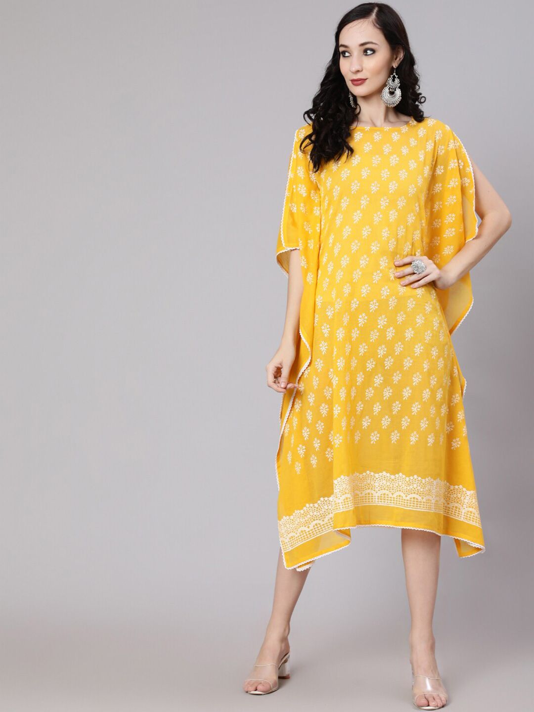 AKS Round Neck Ethnic Motifs Printed Kaftan Slit Sleeve Asymetric Cotton Midi Dress Price in India