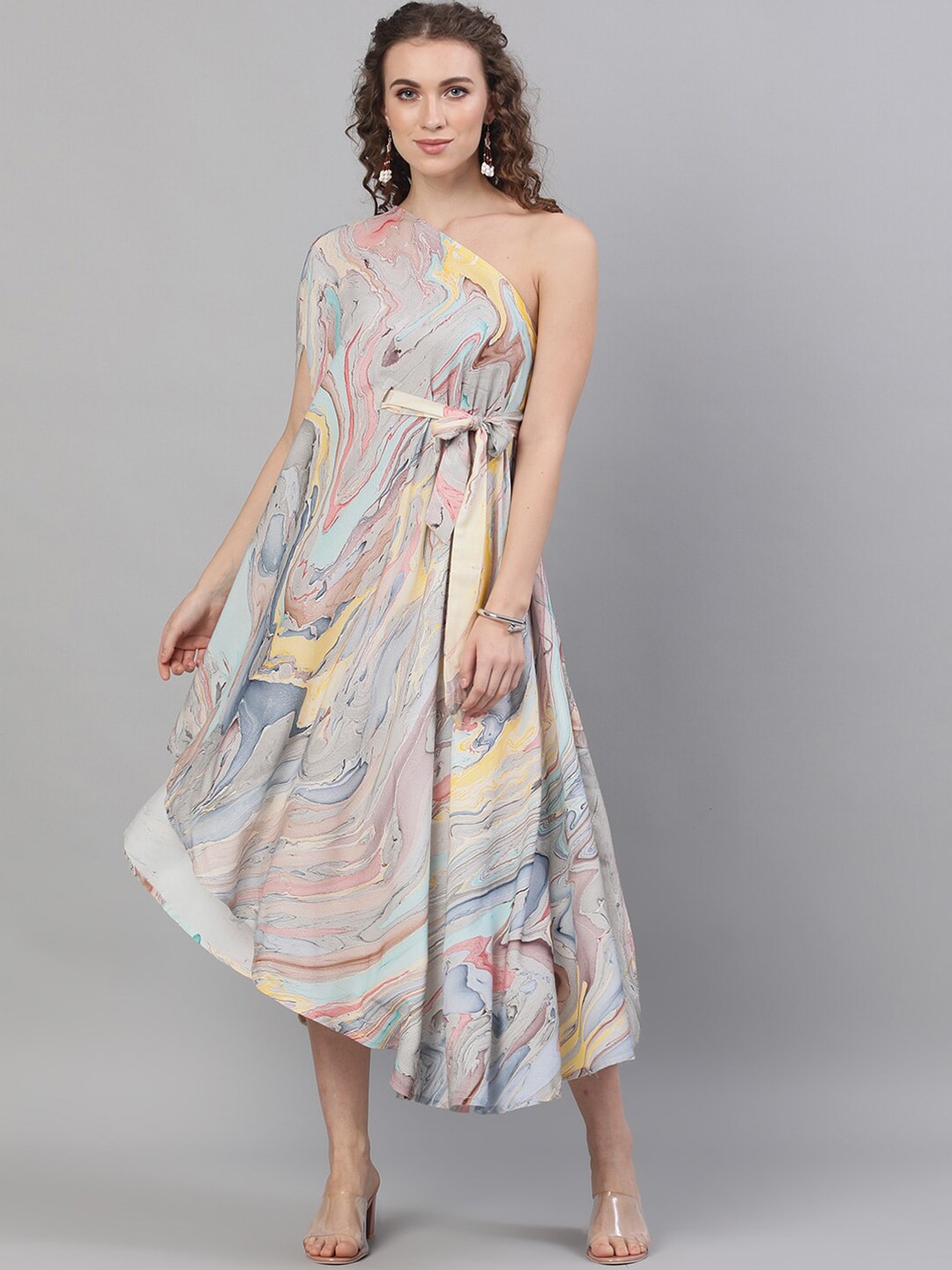 AKS One Shoulder Neck Abstract Printed Asymetric Tie-Ups A-Line Midi Dress Price in India