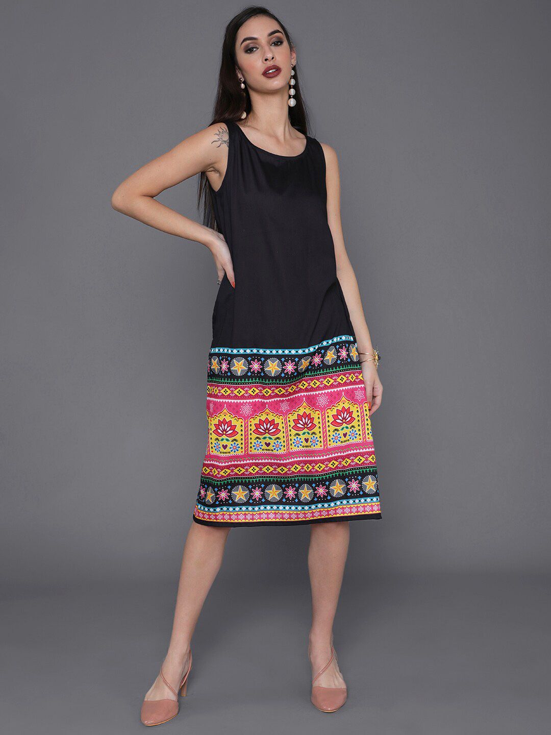 AKS Round Neck Ethnic Motifs Printed Knee Length A-Line Dress Price in India