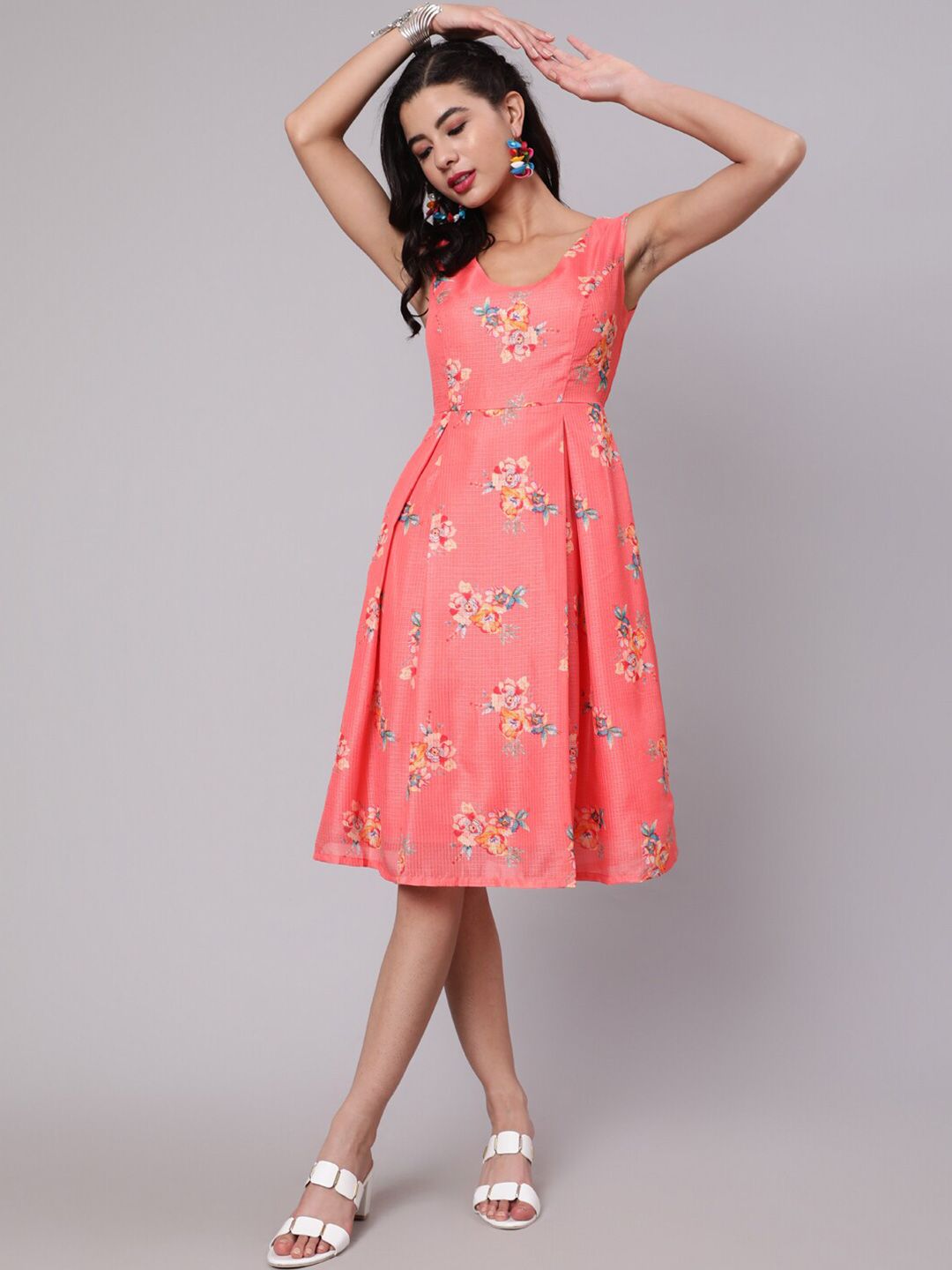 AKS Round Neck Floral Printed Pleated Cotton Fit & Flare Dress Price in India