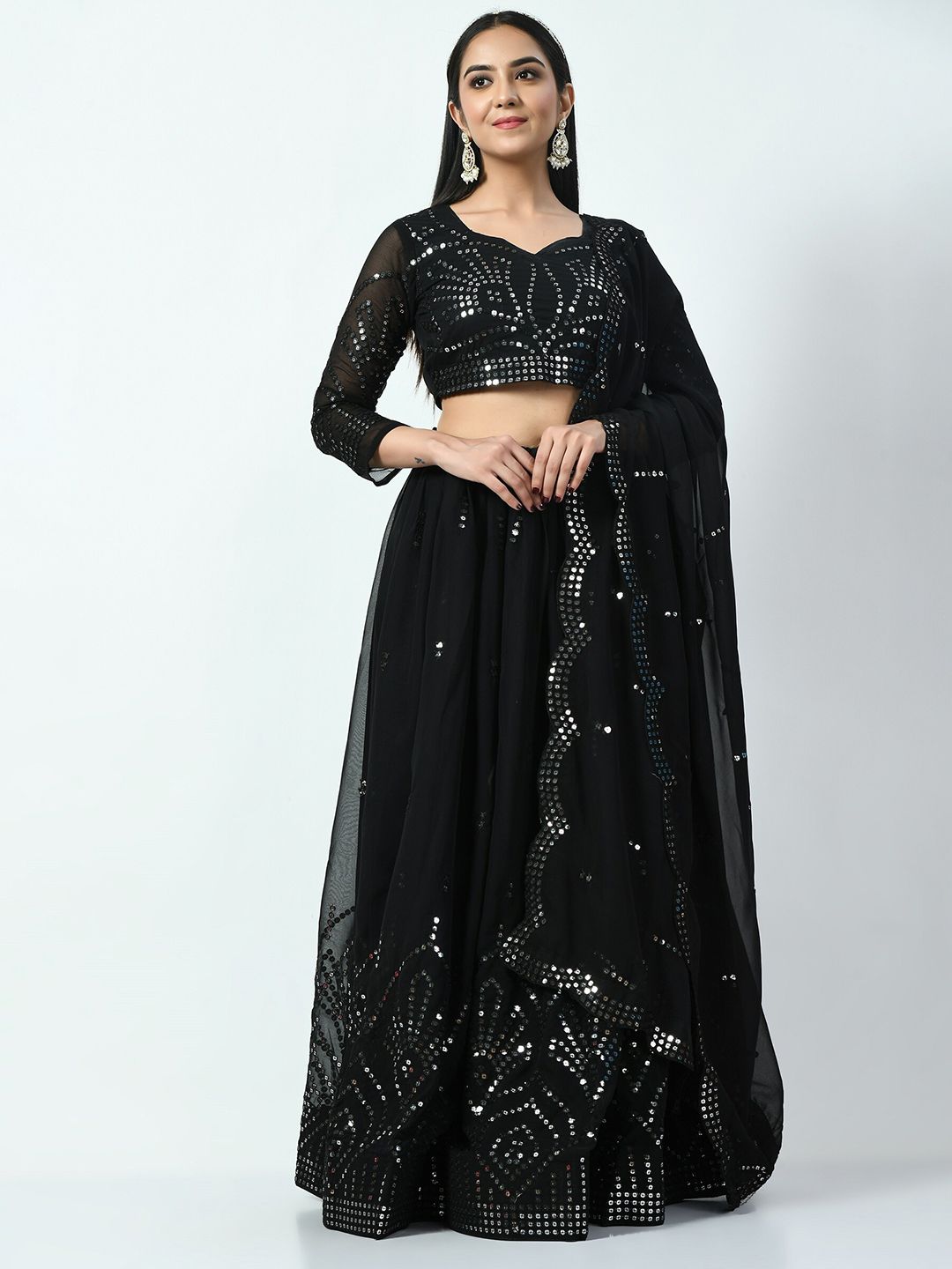 Angroop Black Embellished Sequinned Semi-Stitched Lehenga & Unstitched Blouse With Dupatta Price in India