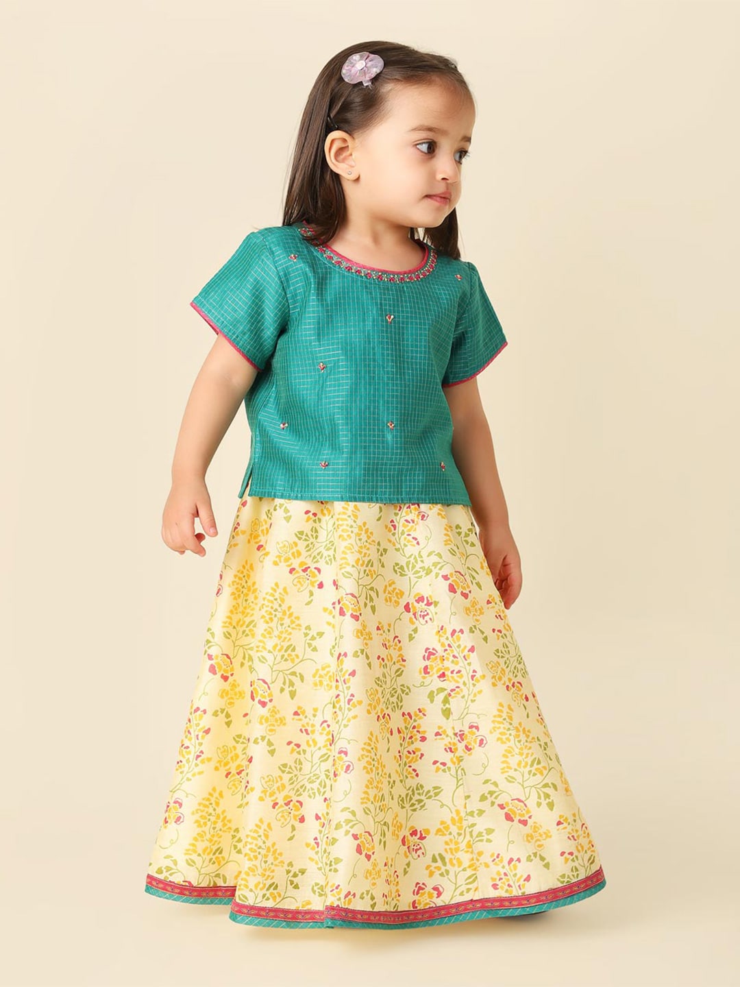 Fabindia Infant Girls Floral Printed Sequinned Cotton Ready To Wear Lehenga & Choli Price in India