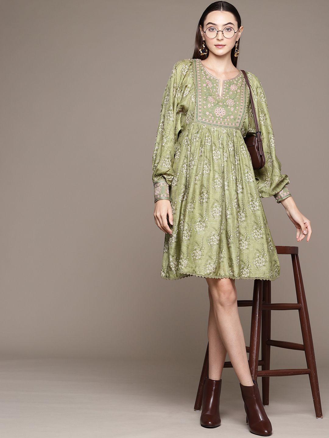 Ritu Kumar Floral Print Puff Sleeve A-Line Dress Price in India