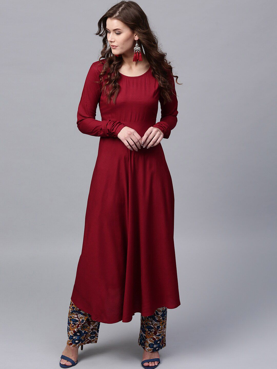 AKS Women Maroon Yoke Design Anarkali Kurta Price in India