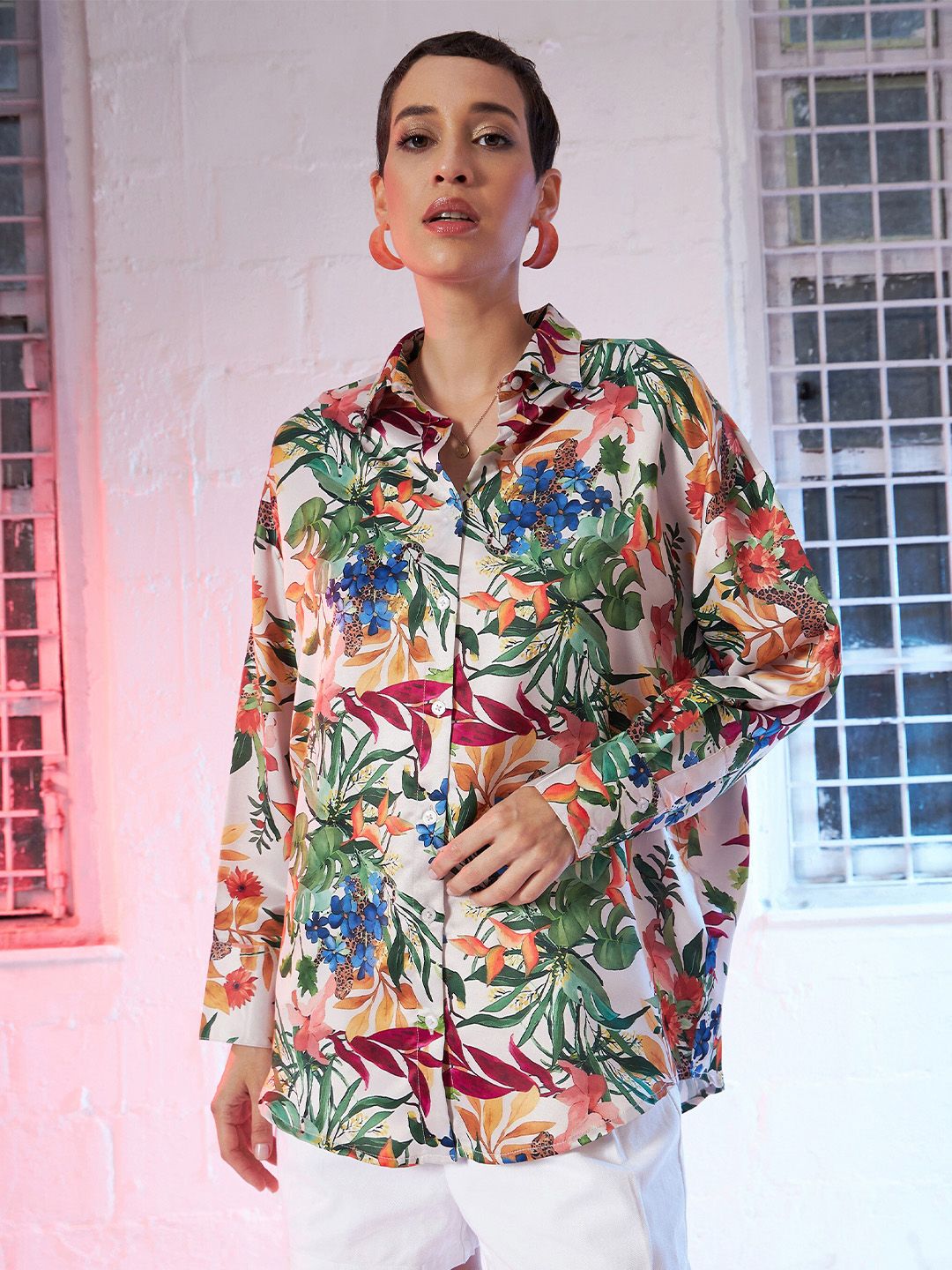 SASSAFRAS Beige Comfort Oversized Floral Printed Satin Casual Shirt