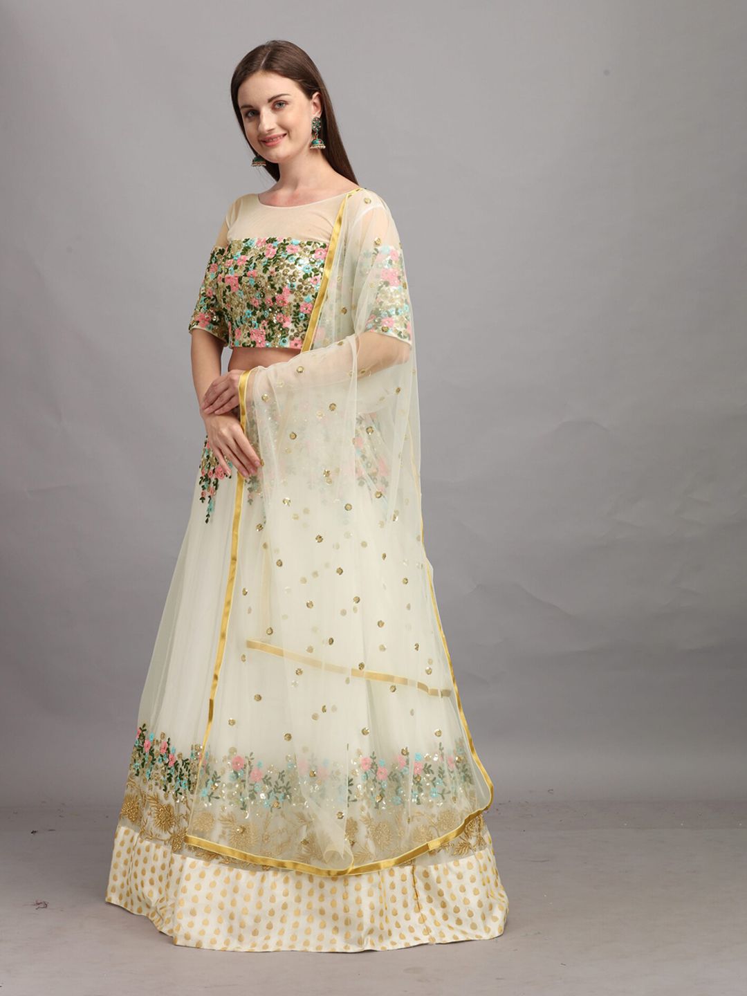 Angroop Off White & Green Embroidered Sequinned Semi-Stitched Lehenga & Unstitched Blouse With Dupatta Price in India