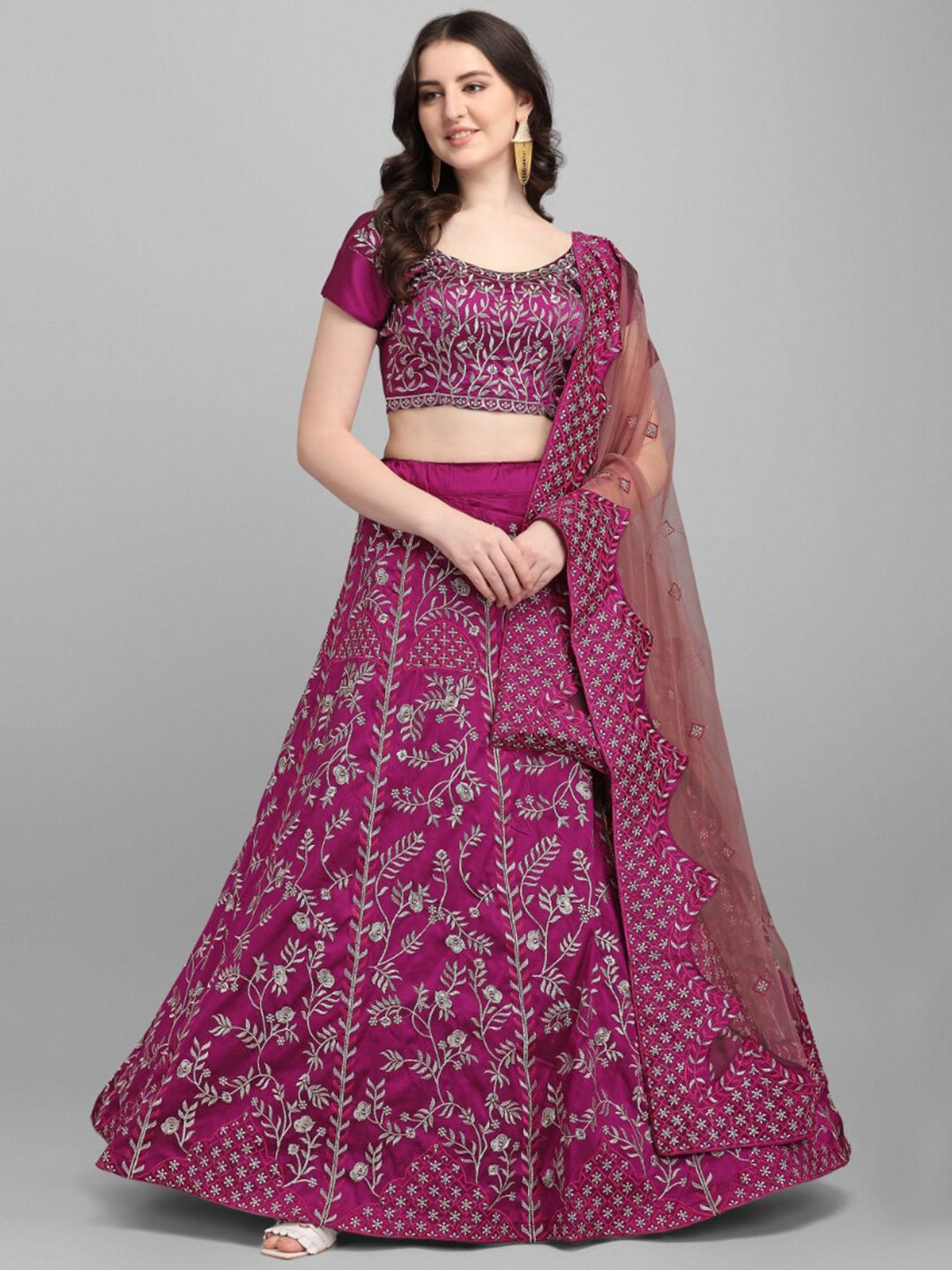 Angroop Purple & Grey Embroidered Semi-Stitched Lehenga & Unstitched Blouse With Dupatta Price in India