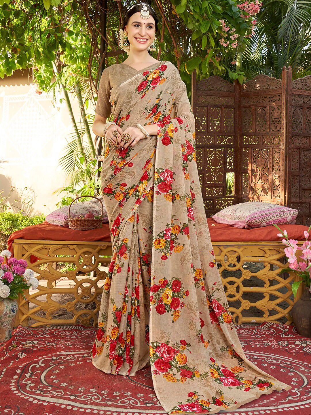 Anouk Grey & Red Floral Printed Art Silk Saree Price in India