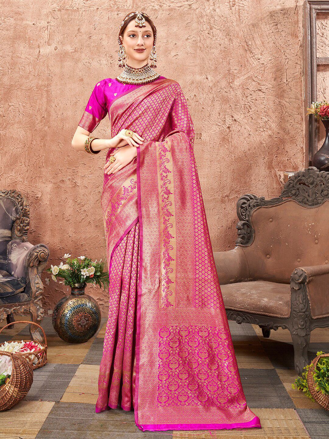 Anouk Pink & Gold-Toned Ethnic Motifs Woven Design Zari Banarasi Saree Price in India