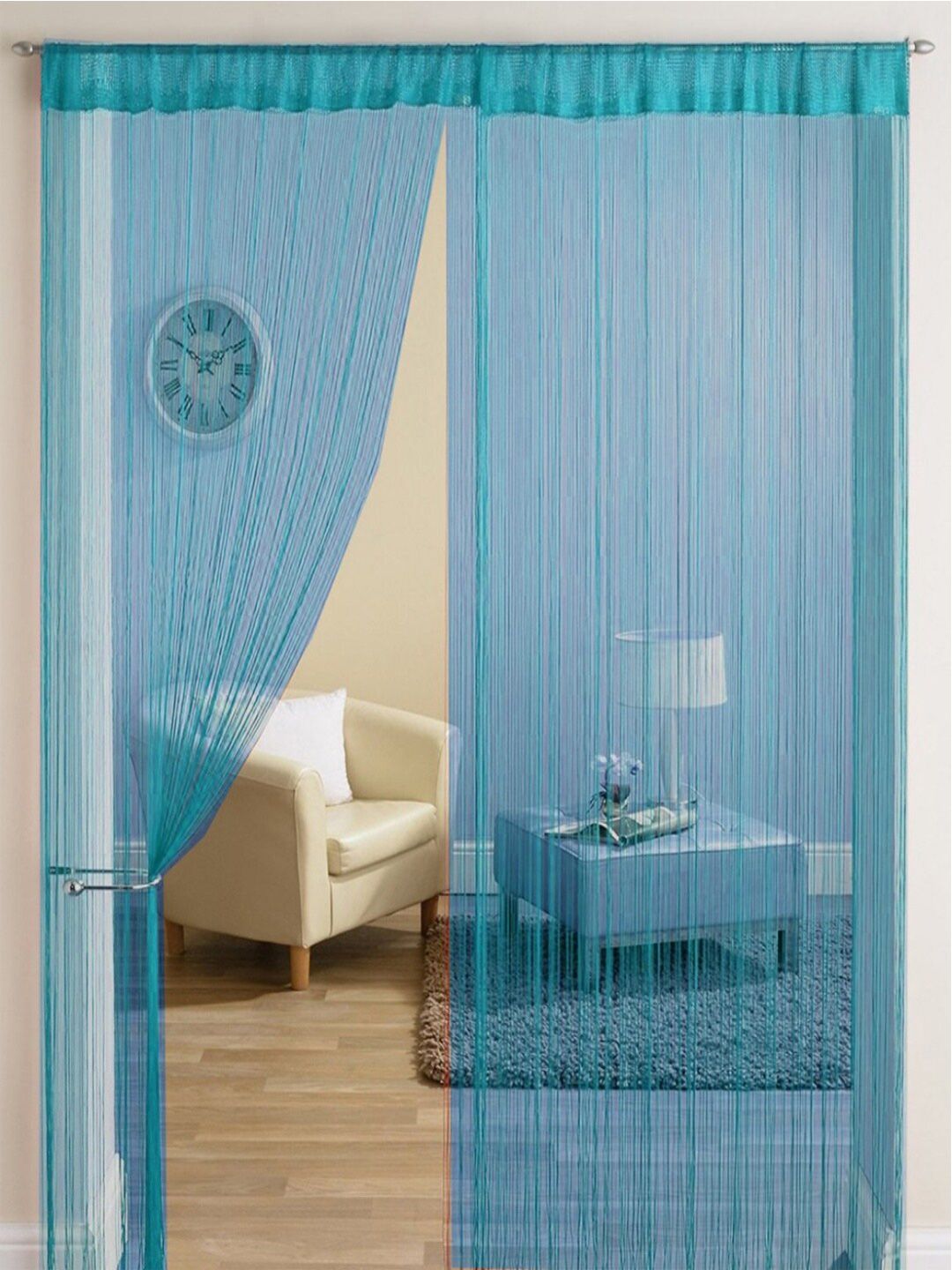 Homefab India Turquoise Blue 2 Pieces Thread Strings Sheer Long Door Curtains