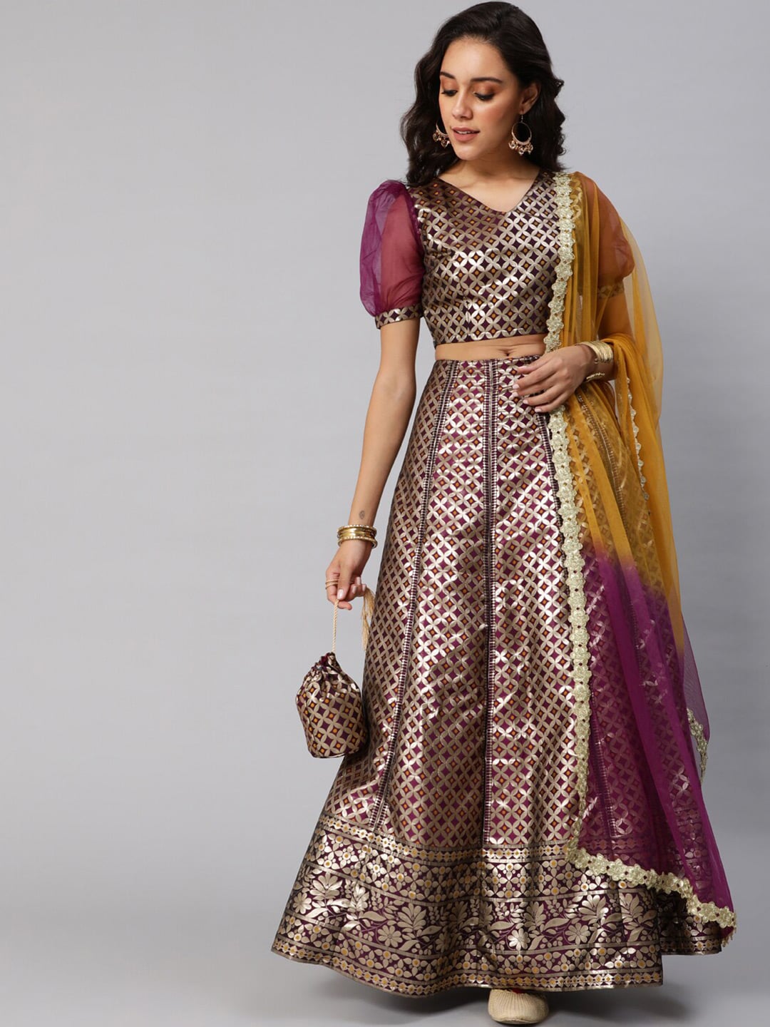 AKS Purple & Gold-Toned Ready to Wear Lehenga & Blouse With Dupatta Price in India