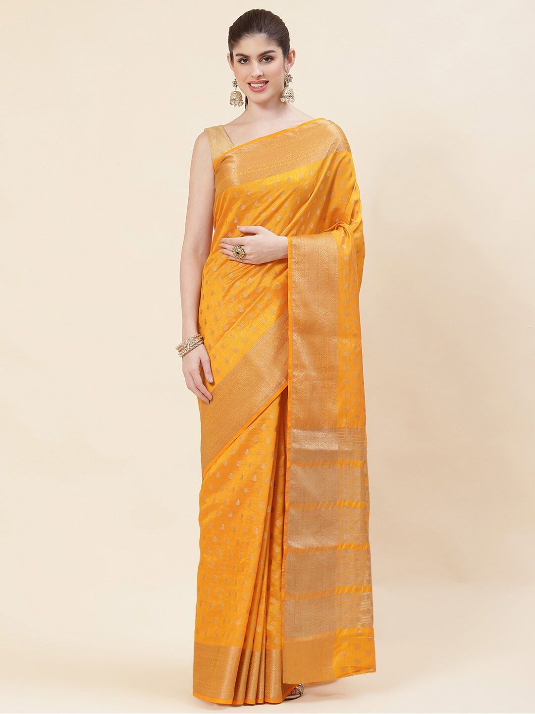 Meena Bazaar Mustard & Gold-Toned Woven Design Zari Art Silk Saree Price in India