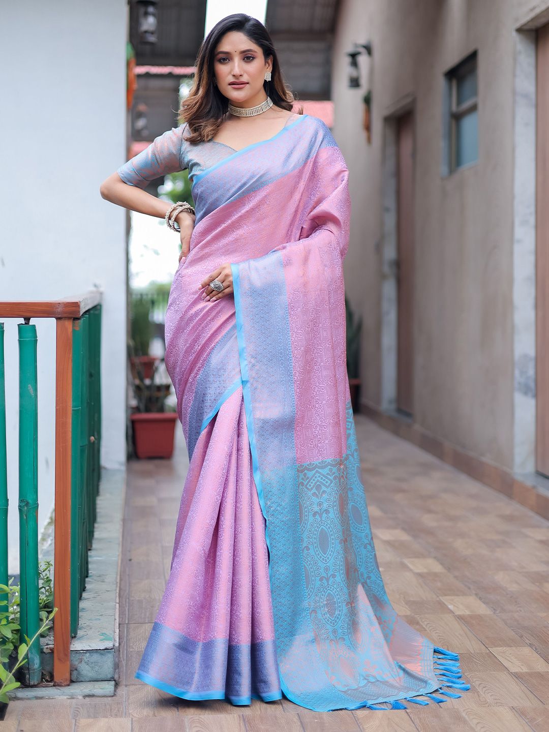 Mitera Lavender & Pink Woven Design Zari Silk Blend Kanjeevaram Saree Price in India
