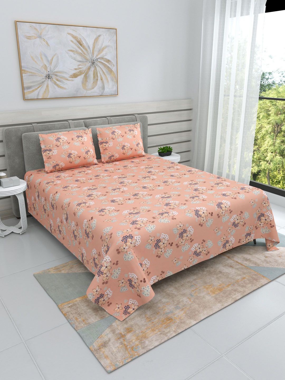DREAM WEAVERZ DREAM WEAVERZ Orange Floral Printed Pure Cotton 220 TC King Bedsheet with 2 Pillow Covers