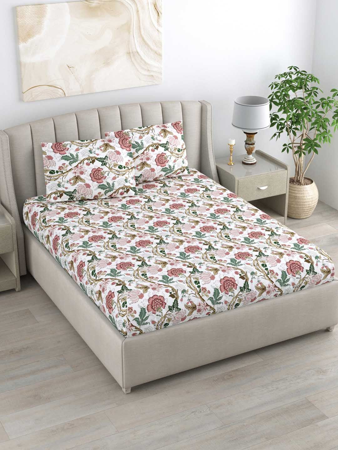 DREAM WEAVERZ DREAM WEAVERZ White & Pink Anokhi Pure Cotton 220 TC King Bedsheet with 2 Pillow Covers