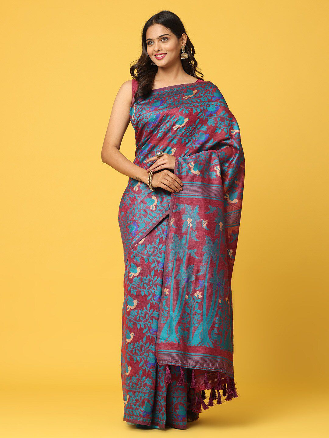VASTRANAND Burgundy & Blue Woven Design Zari Silk Blend Jamdani Saree Price in India