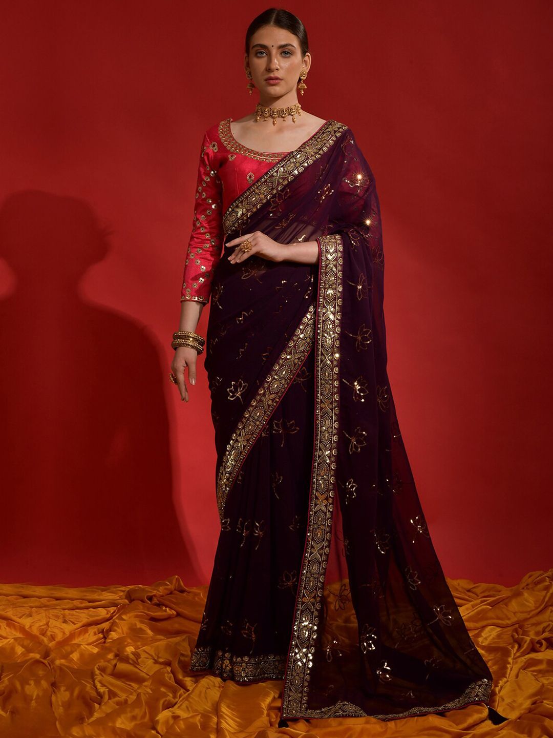 Anouk Burgundy & Gold-Toned Embellished Sequinned Pure Georgette Saree Price in India