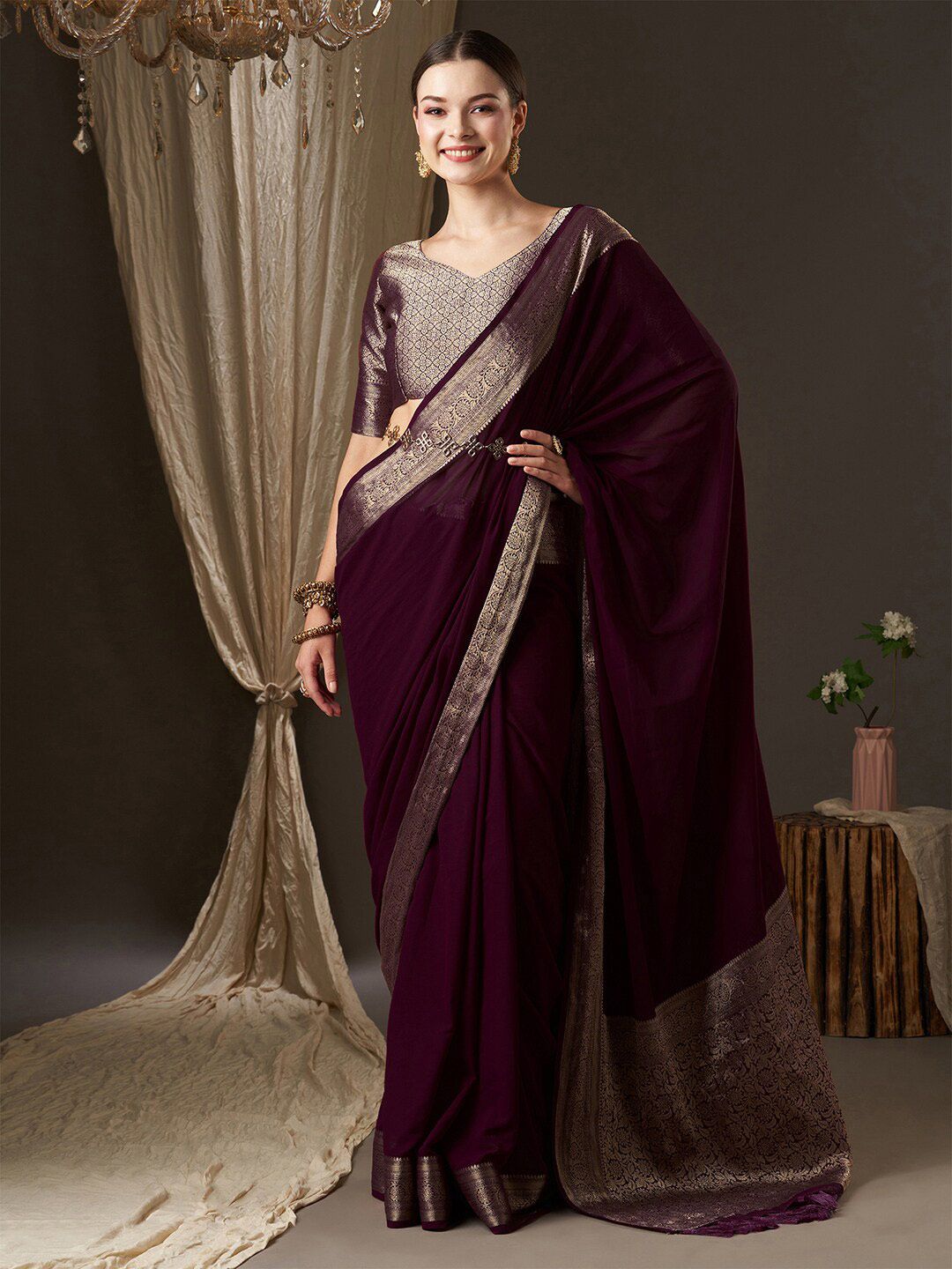 Anouk Purple & Gold-Toned Zari Pure Georgette Kanjeevaram Saree Price in India