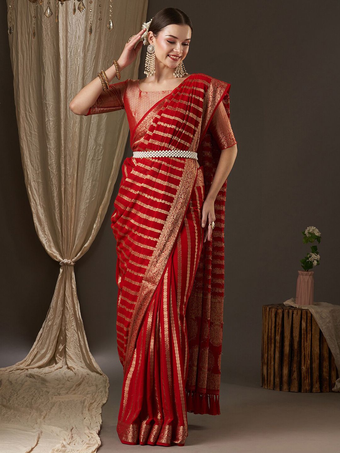 Anouk Red & Gold-Toned Woven Design Zari Pure Georgette Kanjeevaram Saree Price in India