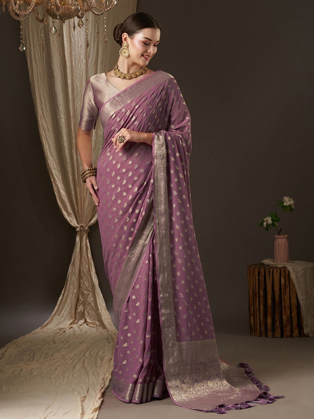 Anouk Mauve & Gold-Toned Woven Design Zari Pure Georgette Kanjeevaram Saree Price in India