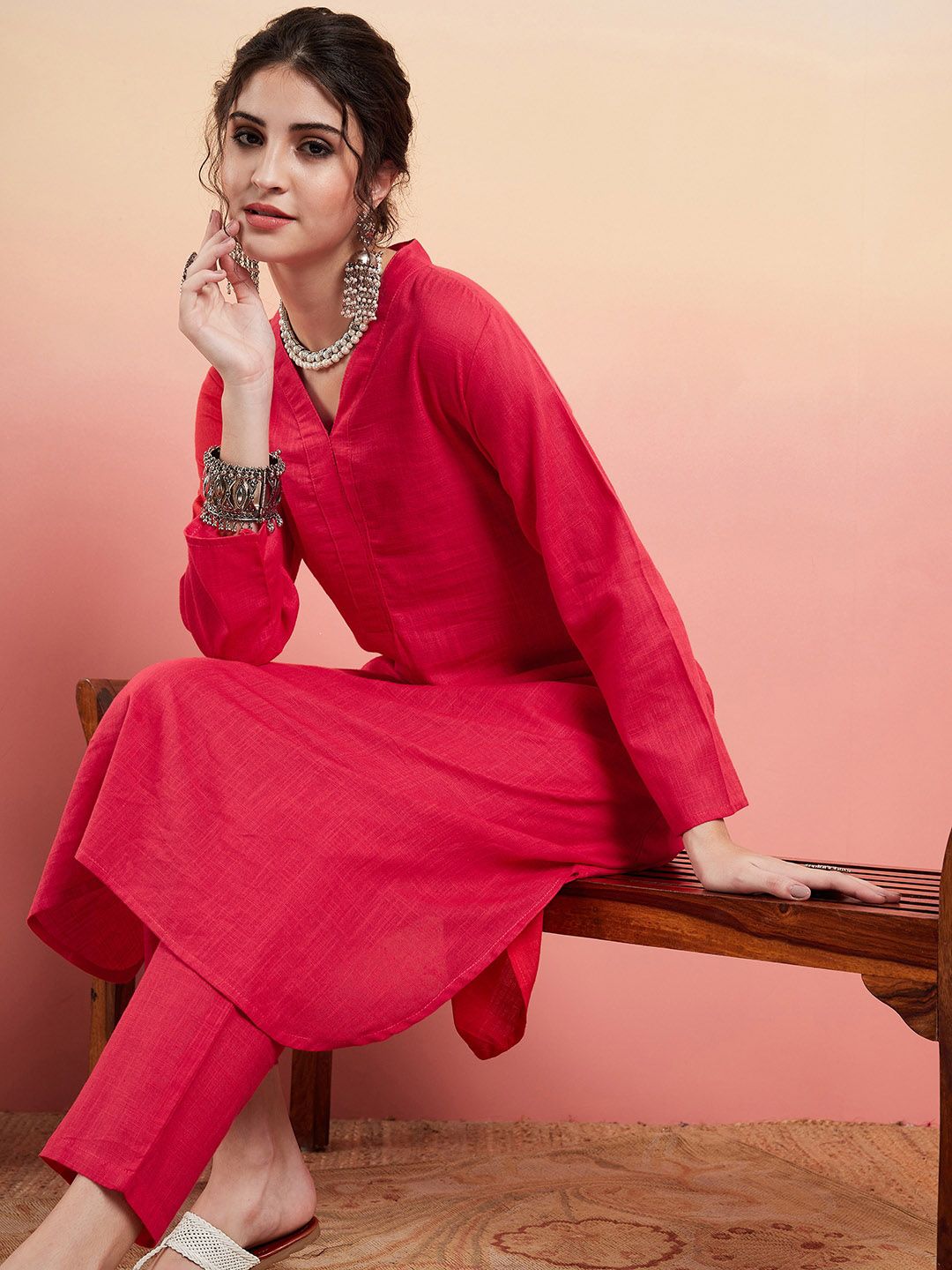 Sangria Pure Cotton V-Neck Pathani Kurta With Trousers Price in India