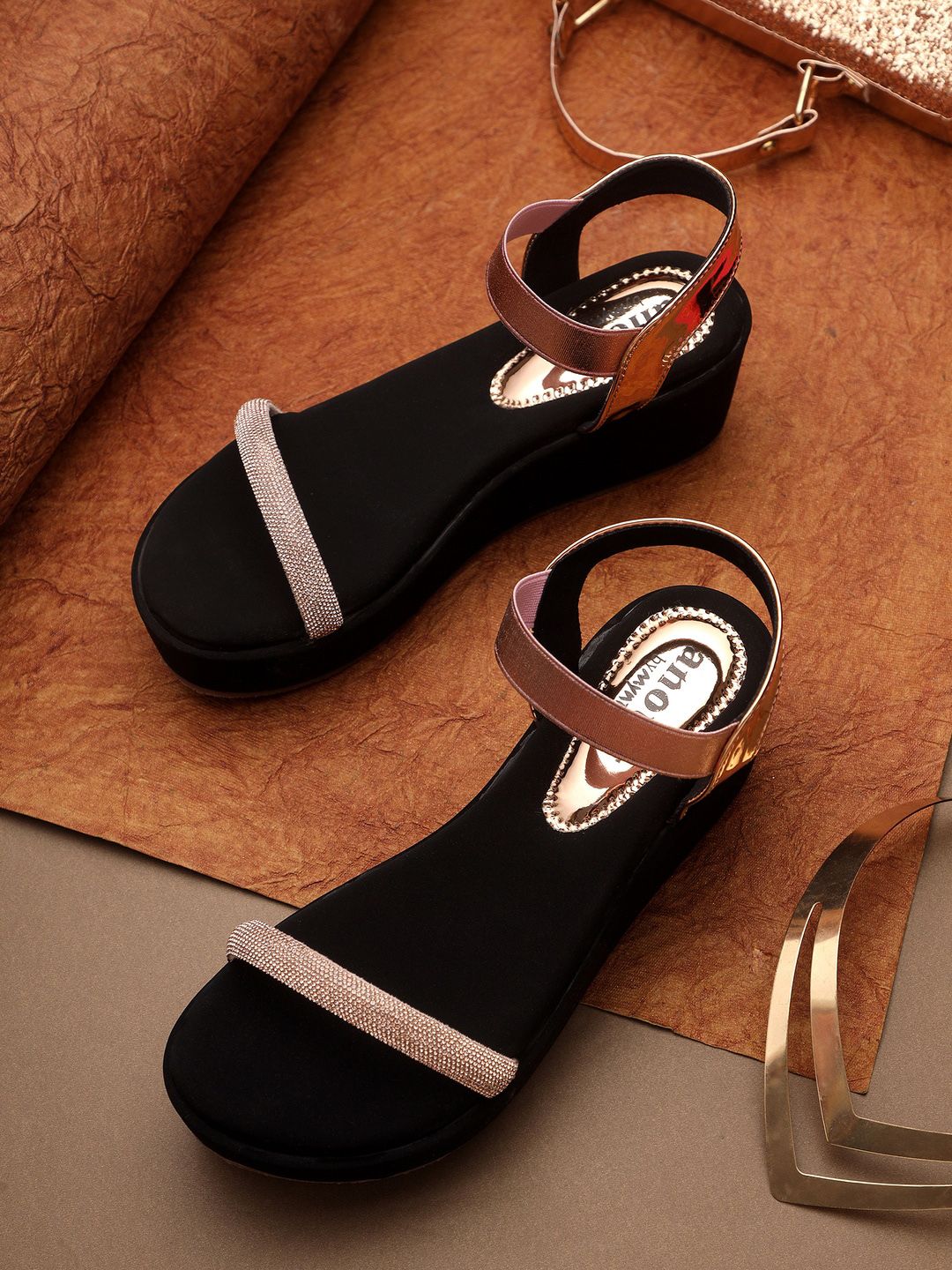 Anouk Rose Gold & Black Embellished Open Toe Flatform Heels With Backstrap