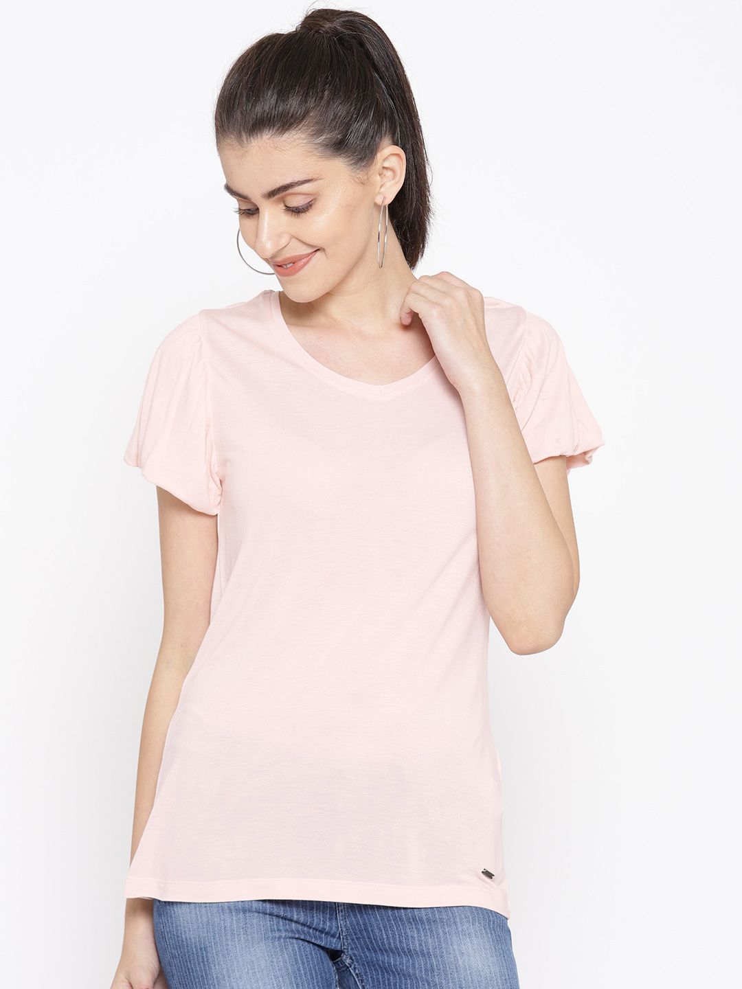 Vero Moda Women Pink Solid V-Neck T-shirt