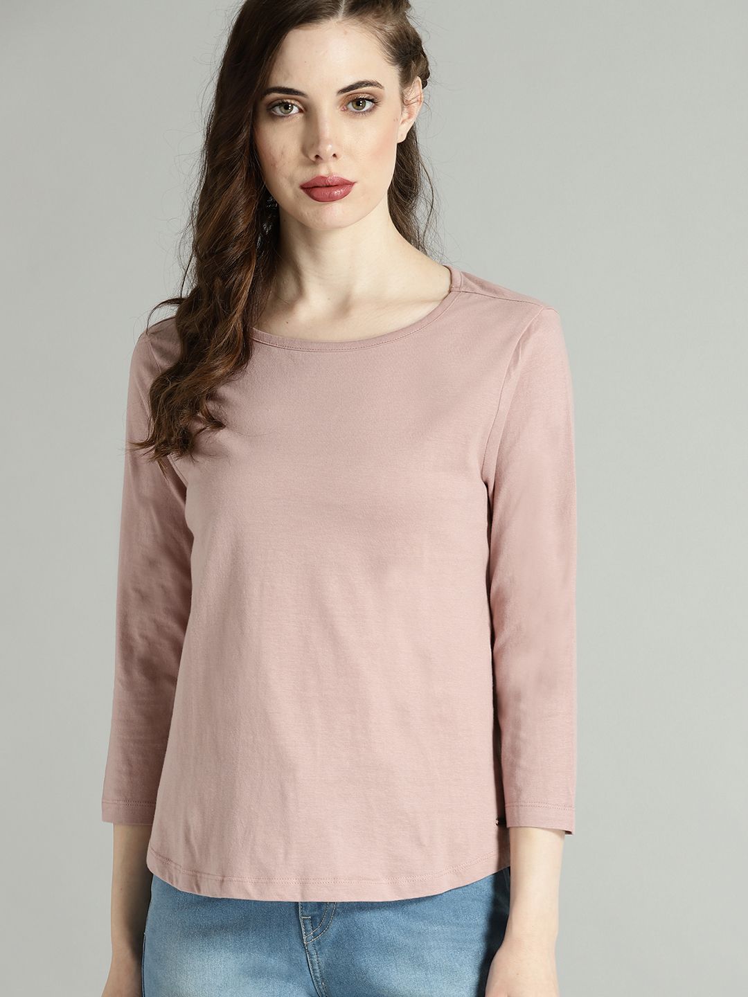 Roadster Women Dusty Pink Solid Round Neck T-shirt