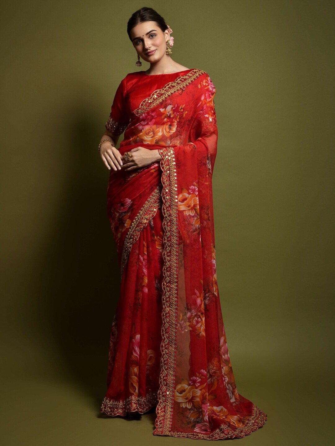 Anouk Red & Yellow Floral Printed & Embroidered Border Pure Georgette Saree Price in India