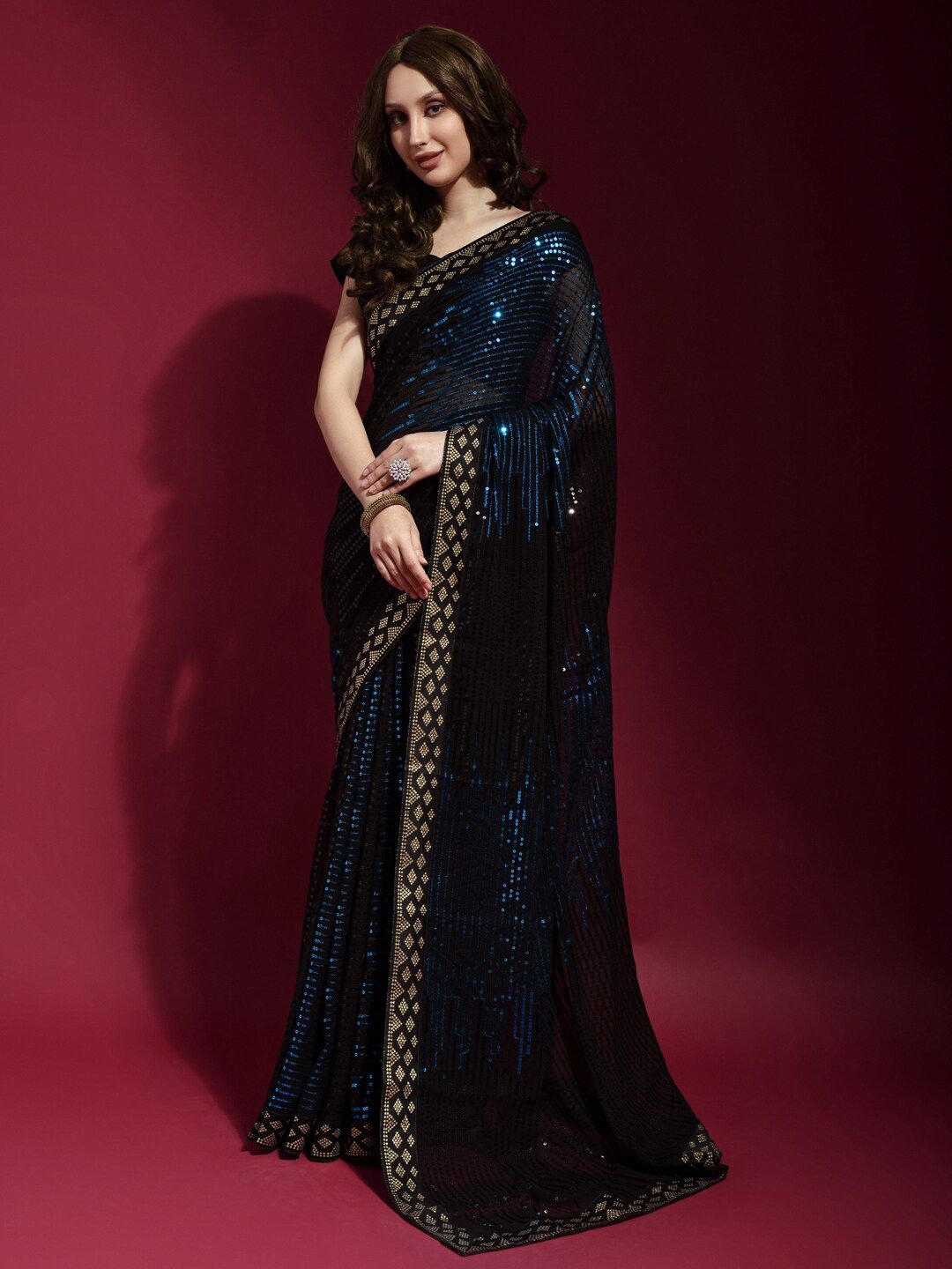 Anouk Black & Blue Embellished Sequinned Pure Georgette Saree Price in India