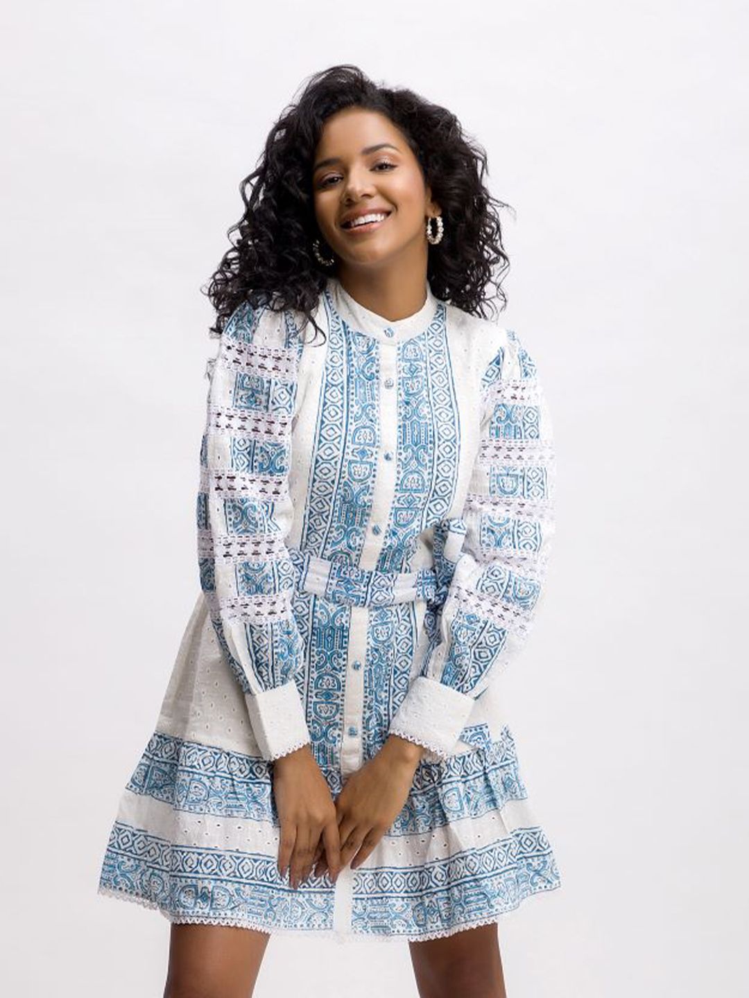 Dee Monash Geometric Printed Cuffed Sleeves Schiffli Pure Cotton Fit & Flare Dress Price in India