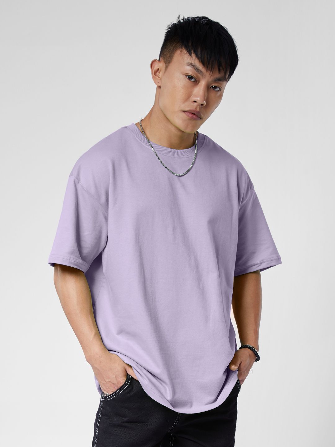The Souled Store Men Oversized Fit Solid Lavender T-Shirts