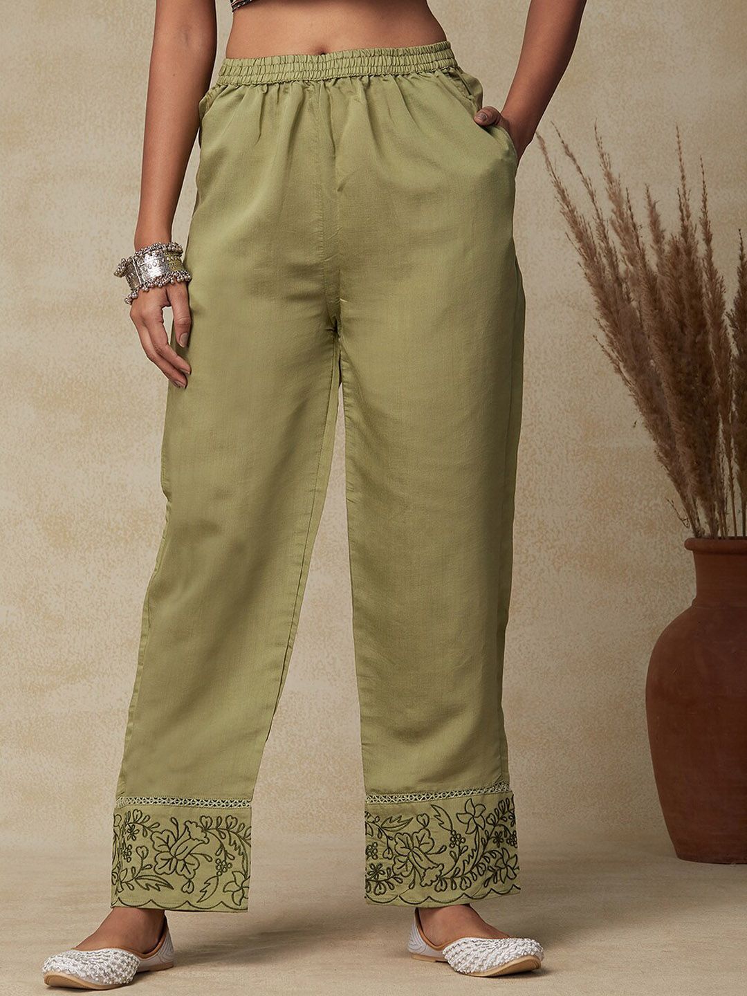 FASHOR Women Green Comfort Mid-Rise Trousers Price in India